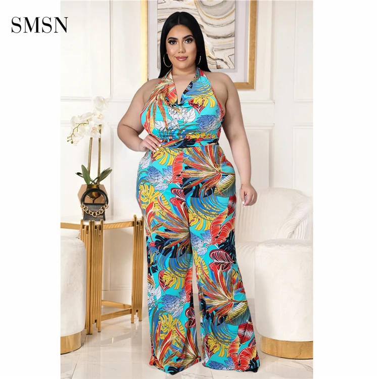 SMSN OSINA New Trendy Tropical Print Backless Halter Jumpsuit Pants Wide Leg Summer Plus Size Women Jumpsuits And Rompers