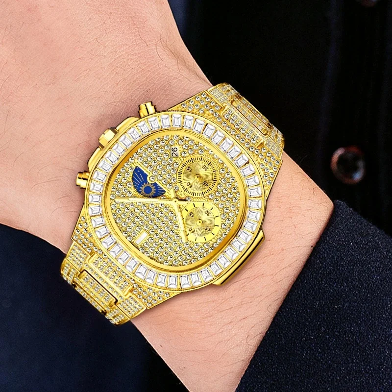 Top Brand Luxury Male Quartz Men Wristwatch Unique Gift for Men Lced Out Gold Diamond Watch