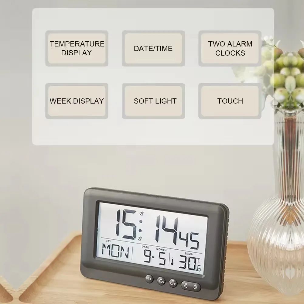 OEM Multi-function Big LCD Screen Digital Alarm Clock Displayed Time Calendar Week Temperature Desktop LCD Table Clock
