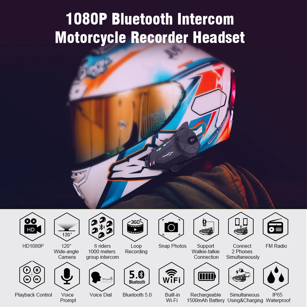 FreedConn R1 Plus Motorcycle Bluetooth Helmet Headset 1080P HD WiFi DVR Video Recorder Wireless Interphone for 6 Riders