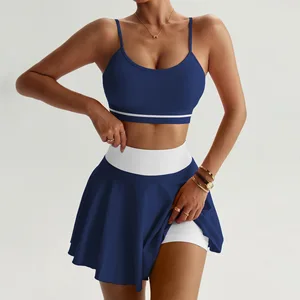 Women's Quick Dry Tennis Wear Set Halter Yoga Bra & High-waisted Tennis Skirt Set Sportswear Skirt Two-piece Gym Fitness Set