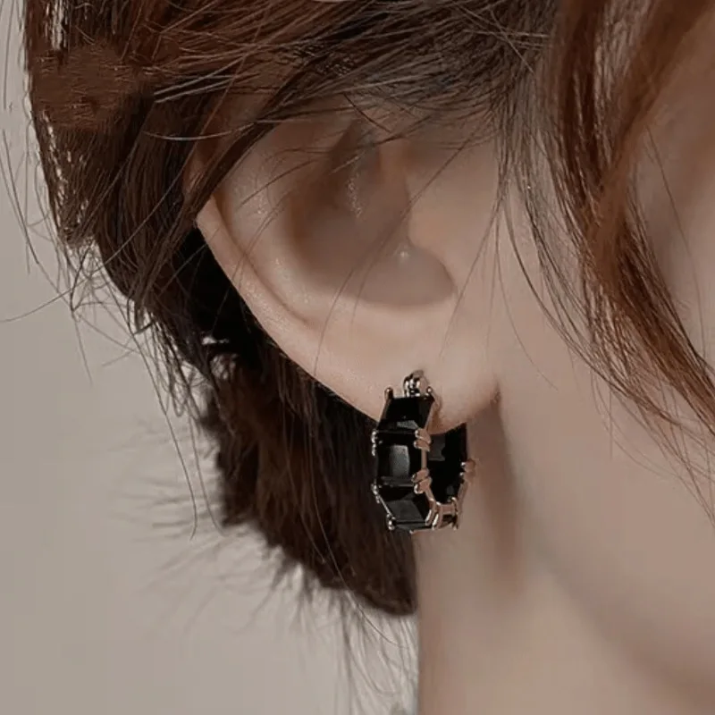 Elegant Black Crystal Zirconia Hoop Earrings