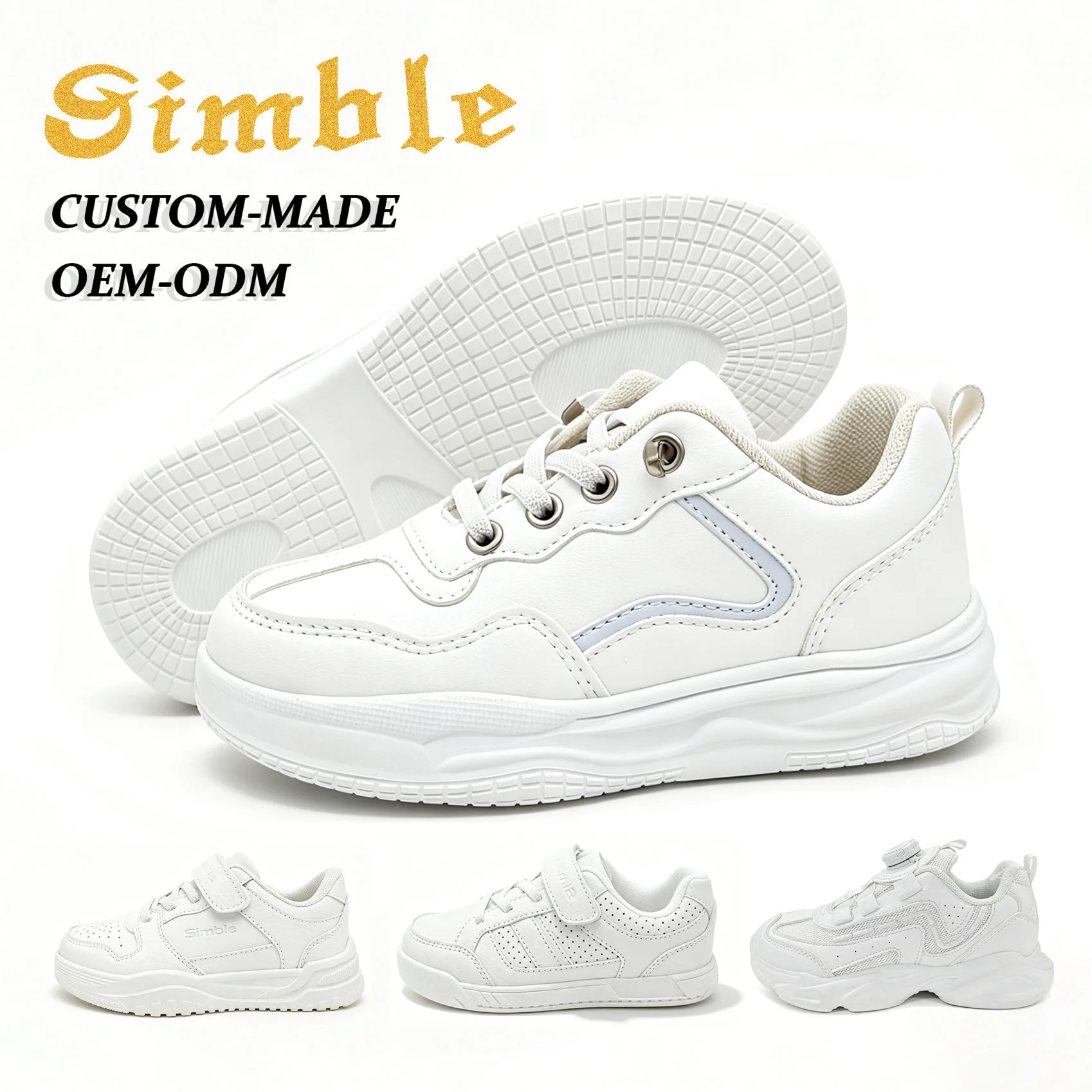 Custom Unisex Low-Top Kids Sneakers for Boys Girls Waterproof Soft PU Casual Children's White School Shoes