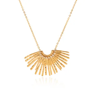 MW Ins Style 18K Gold Fan-Shaped Stainless Steel Diamond Pendant Necklace Geometric Multi Radial Lines Design Necklace