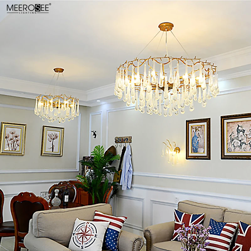 Meerosee Zhongshan Luxury gold pendant light Iron Teardrop Crystal chandelier for Hotel Villa MD86757