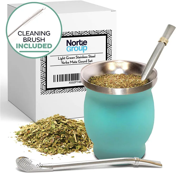 Tasse Maté Inox Double Paroi 355 Ml - Kit Yerba Maté Avec 2 Bombillas, Brosse Nettoyage & Couvercle Anti-Fuite - Bois
