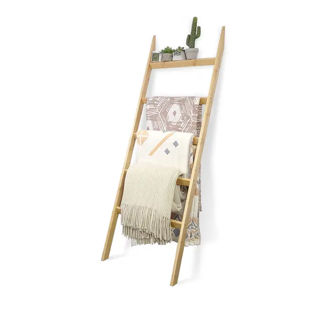 Blanket Ladder, Farmhouse Blanket Holder Wall Leaning Ladder Shelf,Bamboo Towel Rack,Decorative Quilt Stand for Living Room, Ba
