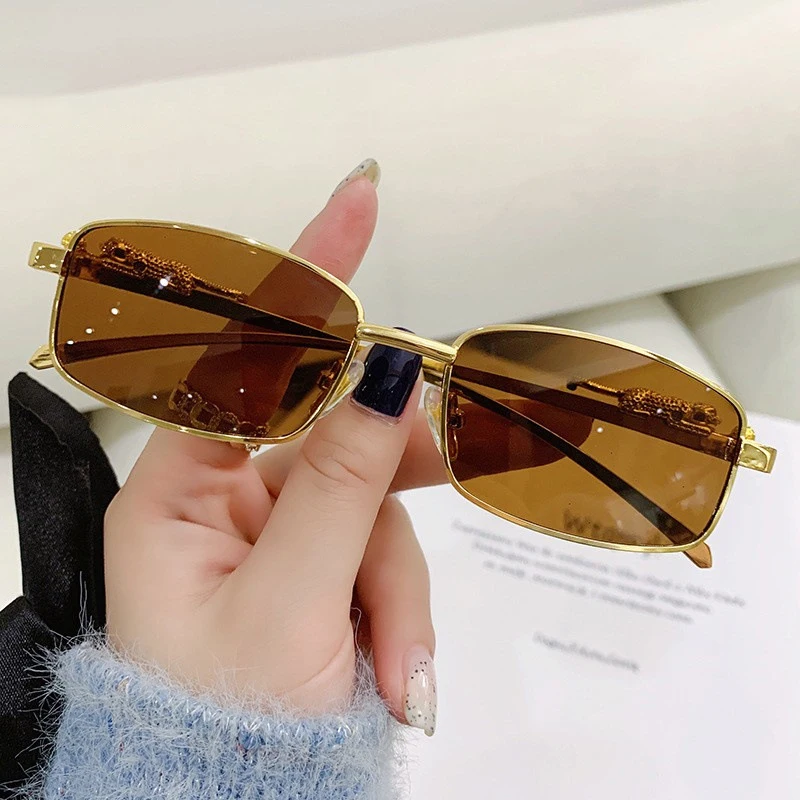 2024 Fashion Luxury Gold Small Rectangle Brown Sunglasses Women Men Retro  Cheetah Decoration Gradient Shades Clear Lens Eyewear