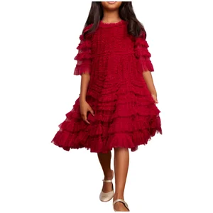 OEM Kids Dress for Girls Short-Sleeved Rose Patterned Party Dress Sequined O-Neck Collar Knee-Length Summer Weddings Birthdays