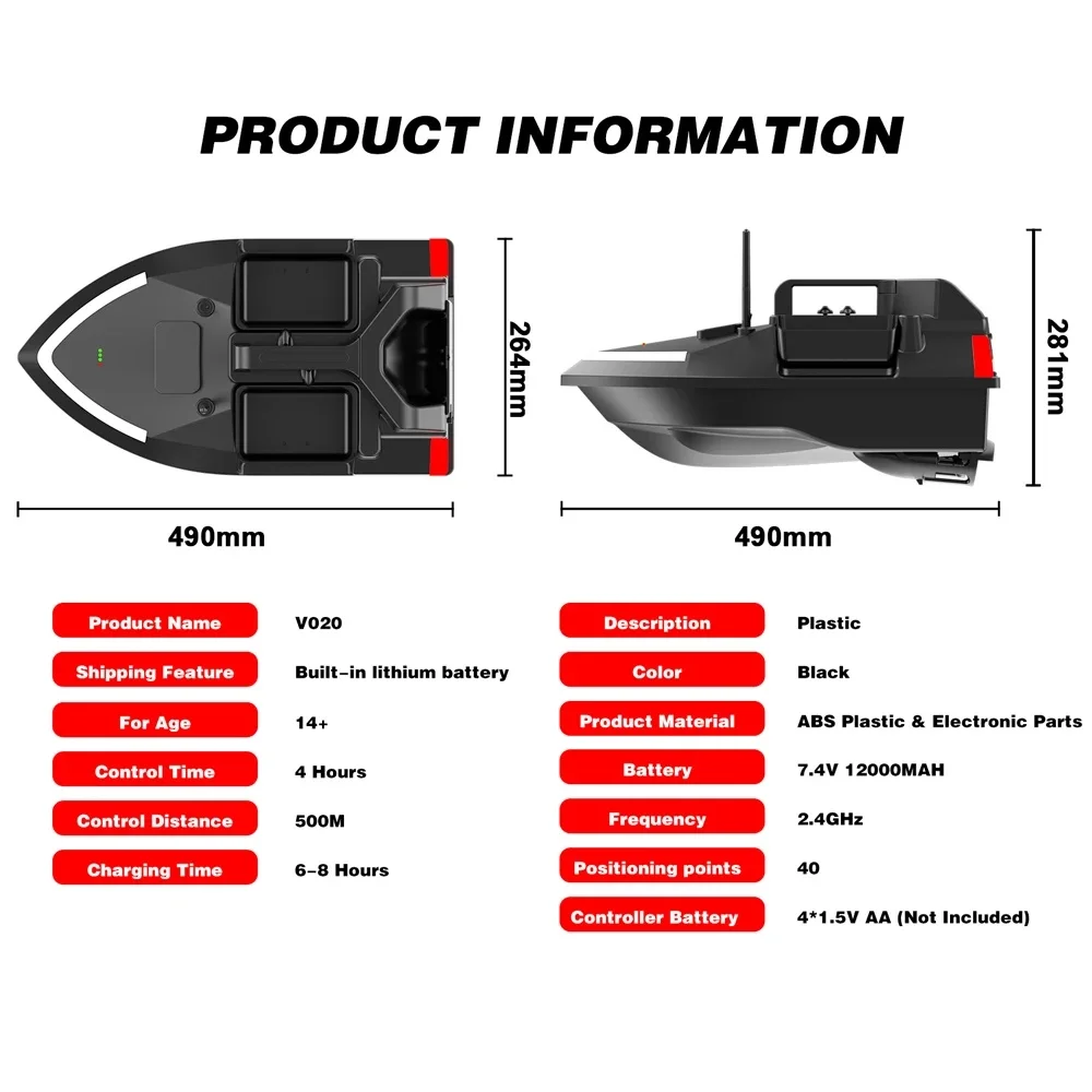 Flytec V020 Bait Boat GPS Fishing Bait Boat 500M With 3 Bait Tanks Fish Finder 2KG Loading Automatic Cruise/Return Fishing Boat