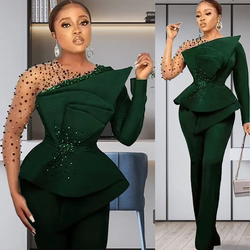 Fashion Elegant Plus Size Solid Color Mesh Stitching Bead Outfits for Women Wide Leg Pants Formal Suit Two Piece Women