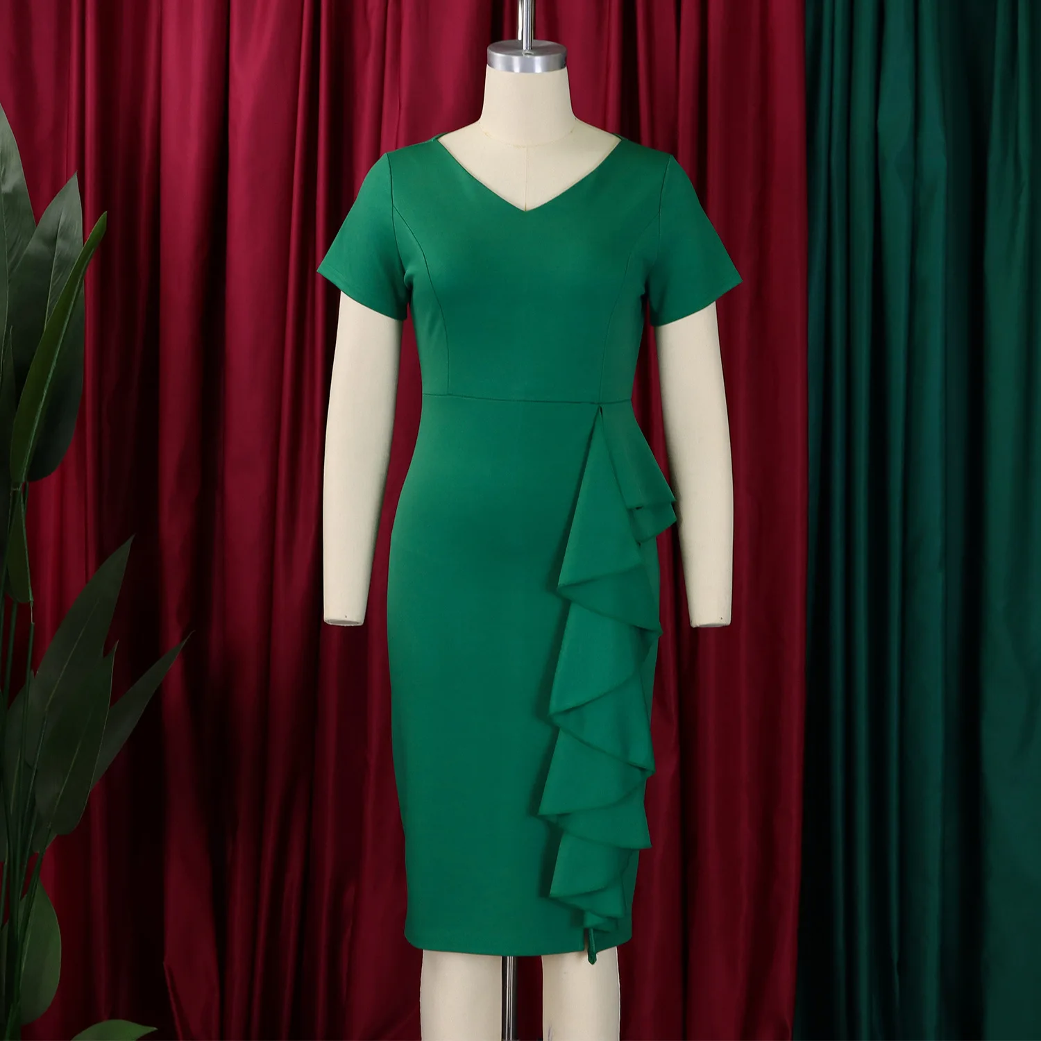 Trendy Career Dresses Short Sleeve Solid Color Hip Wrap Ruffle High Waist  Office Lady Dresses for Women African Dress