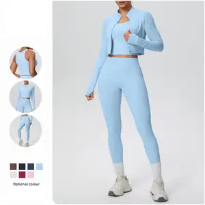 Set Breathable Three-Piece Set Customized Long Sleeves Gym Wear Basic Stretchy Breathable Fitness Equipment Yoga Suit