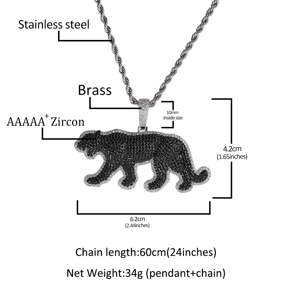 2024 UWIN Fashionable Black CZ Panther Pendant Iced Out Animal Leopard Necklace Unisex Jewelry