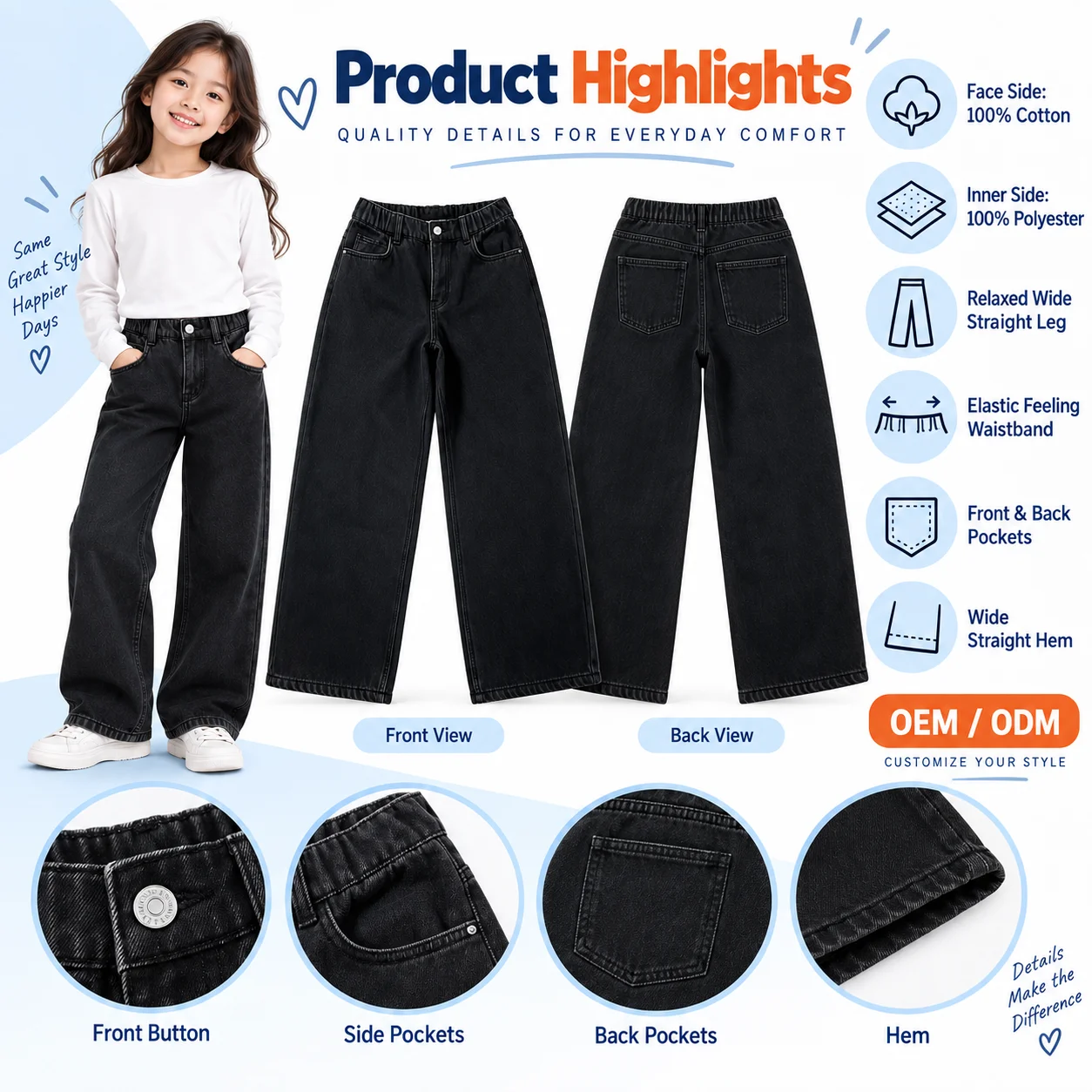 Chic Y2K girl's Retro Black Denim Wide Leg Pants Baggy Straight Breathable Mid Barrel Streetwear Ecowalson Retro
