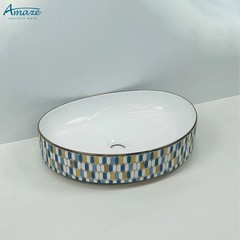 Good quality washroom wc sanitary ware white gold plating pattern ceramic lavabo counter top wash basin sink details