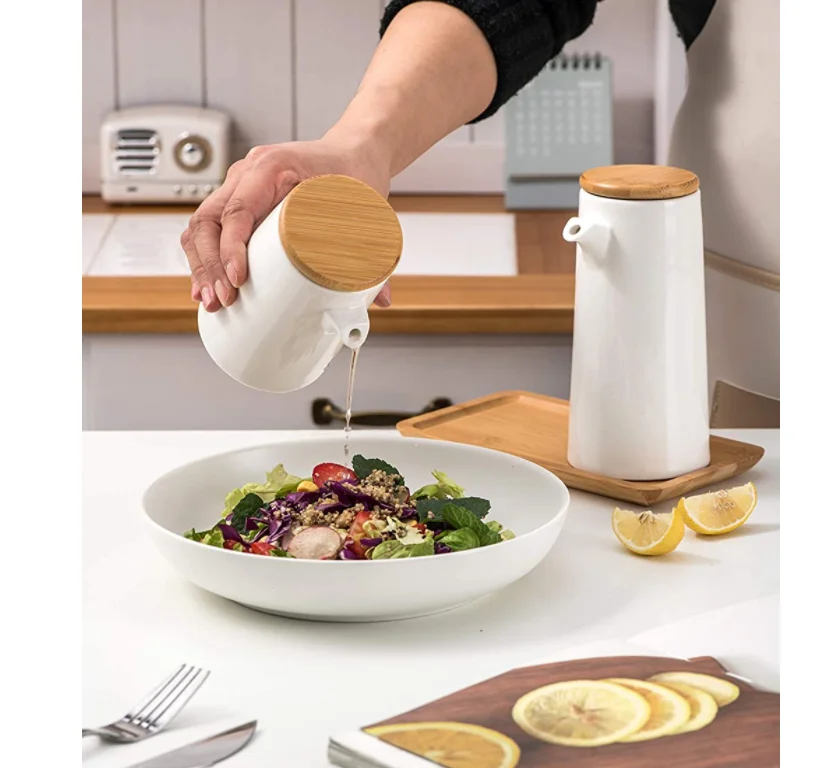 Bottiglia Olio In Ceramica 380ml - Dispenser Per Olio E Aceto, Con Tappo In Sughero, Design Elegante - Foto 2