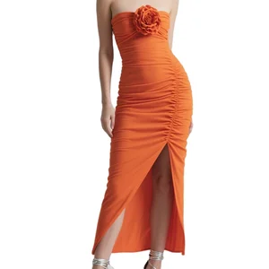 Custom High Quality Spring Summer  Casual ELEGANT 3D Flower Ruched Strapless Bodycon for  Women Dresses