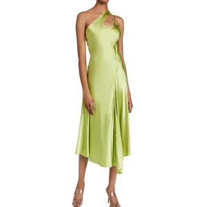 Custom Fashion Green Women Clothing Lady Elegant Evening Party Casual Sleeveless Silk Sexy Asymmetrical Midi Dress
