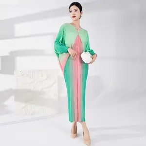 Miyake High Collar Pleated Batwing Sleeve Dress Western Style Pattern Gradient Color Fashionable Spring Casual Dress Women