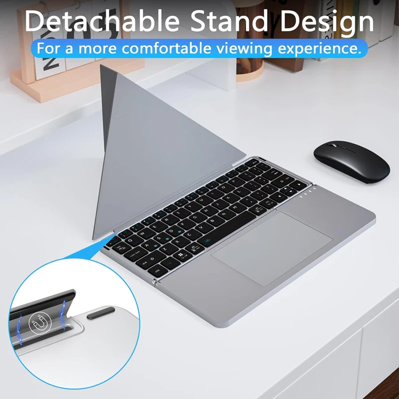 2-in-1 Foldable Touch Wireless BT Keyboard Portable with Magnetic Keyboard Stand for Mobile Phones Laptops Tablets