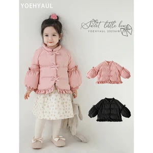 Girls' Fungus Lace Small Bow Cotton Clothes Winter Children's Simple and Fresh Small Stand Collar Puff Sleeve Jacket