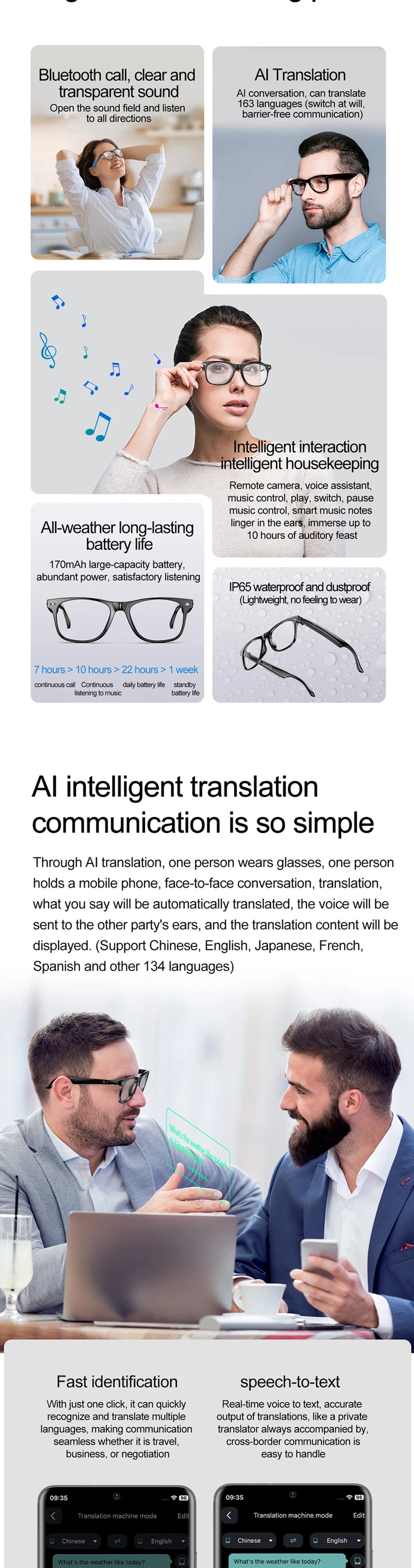 E13 Smart Audio Glasses With Translator Remote Control Photography BT - View #5