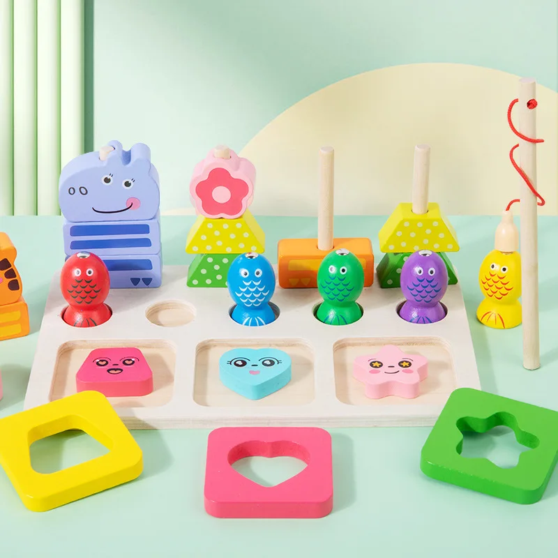 Montessori-inspirierte Holz-Sortier- und Stapelbausteine Puzzles 3-in-1 Angelspiel für Babys Kleinkinder Frühkindliches Lernspielzeug