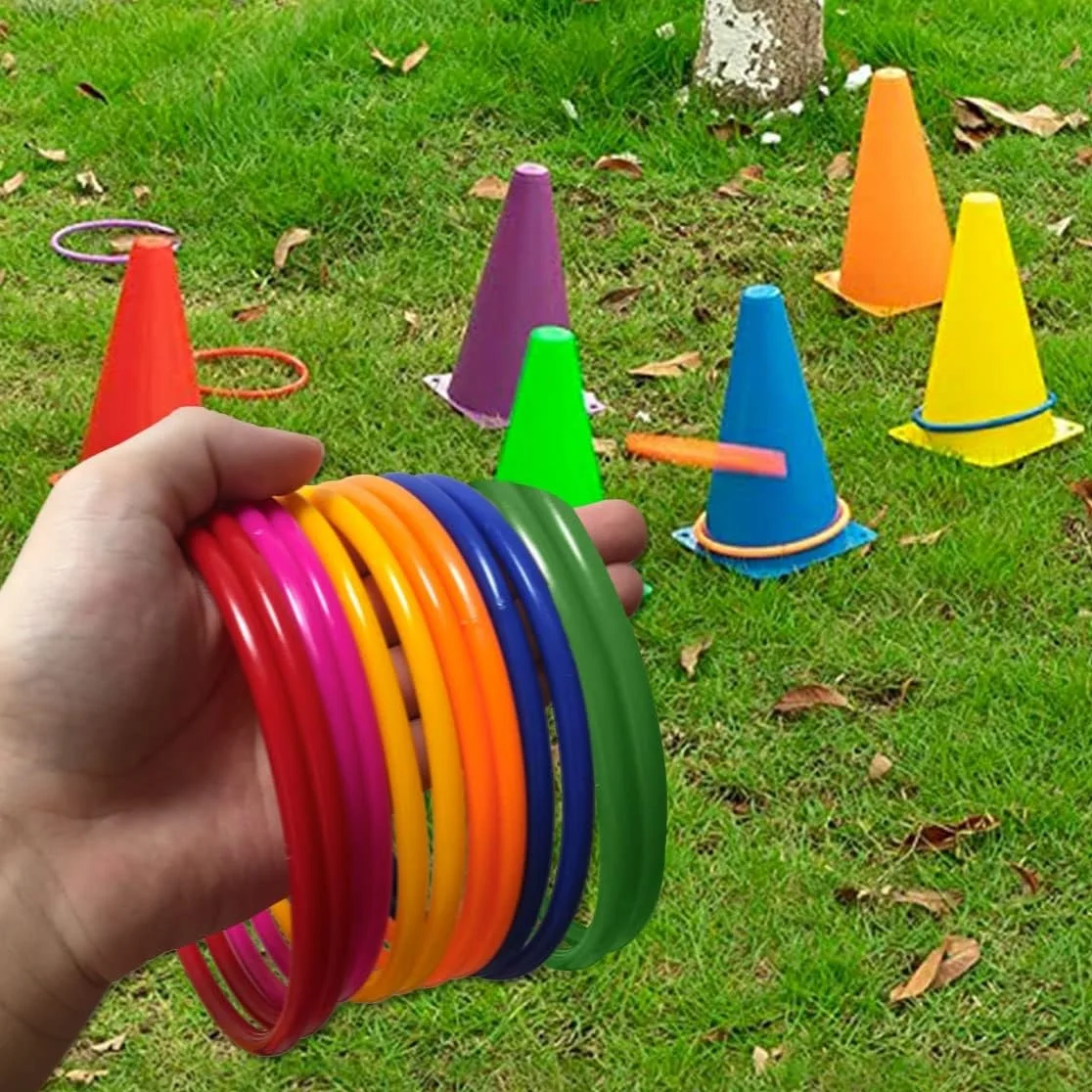 Plastic Cones Ring Toss Combo Set Outdoor Carnival Games for Kids Adults Birthday Party Throwing Backyard Lawn Game (28Pcs)