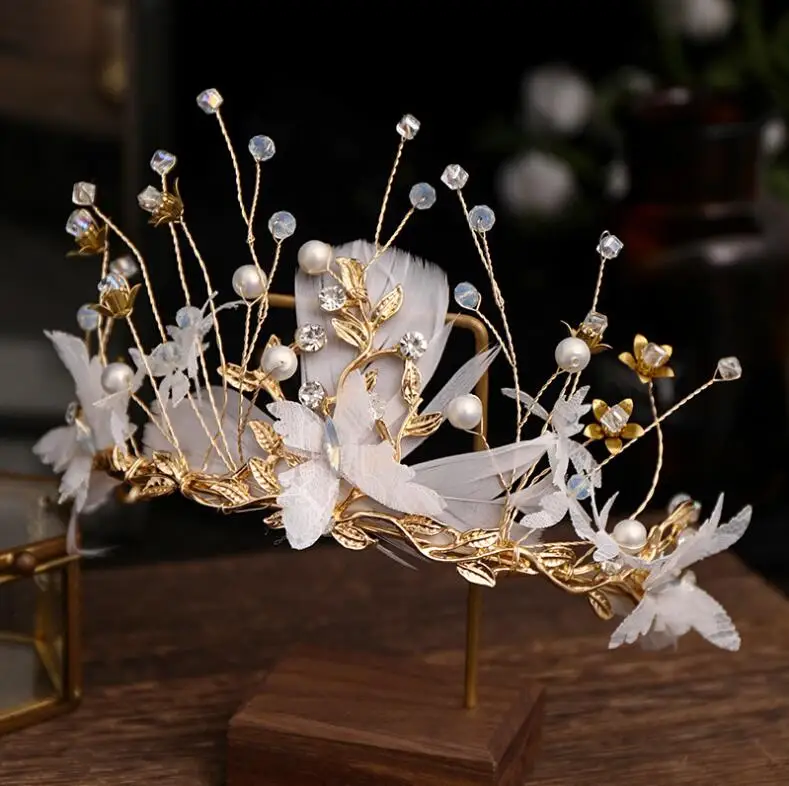 
Барокко Золотая Бабочка корона цветы для свадьбы или выпускного бала диадема ободок для волос с жемчугом Свадебные украшения для волос невесты женские аксессуары для волос повязка на голову 