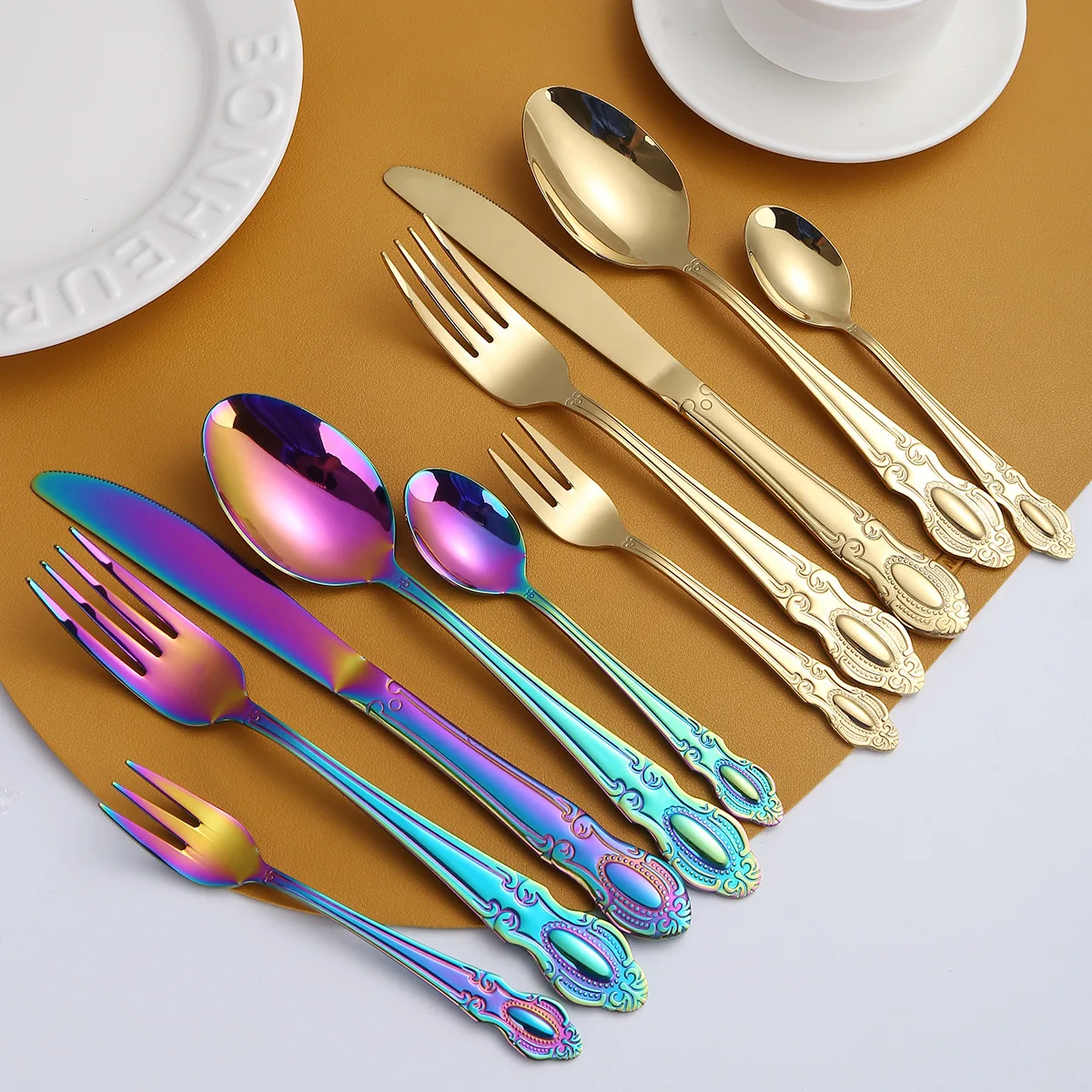 Luxury Embossed Gemstone Handle Stainless Steel Flatware Set Gold Knife Fork Spoon Wedding Cutlery Set