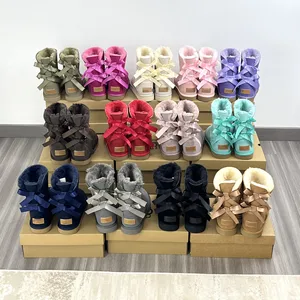 Plus Size Women's Designer Ribbon Winter Fur Snow Boots Fashion Black Pink Navy Chunky Comfortable Warm Bow-knot Shoes Boot