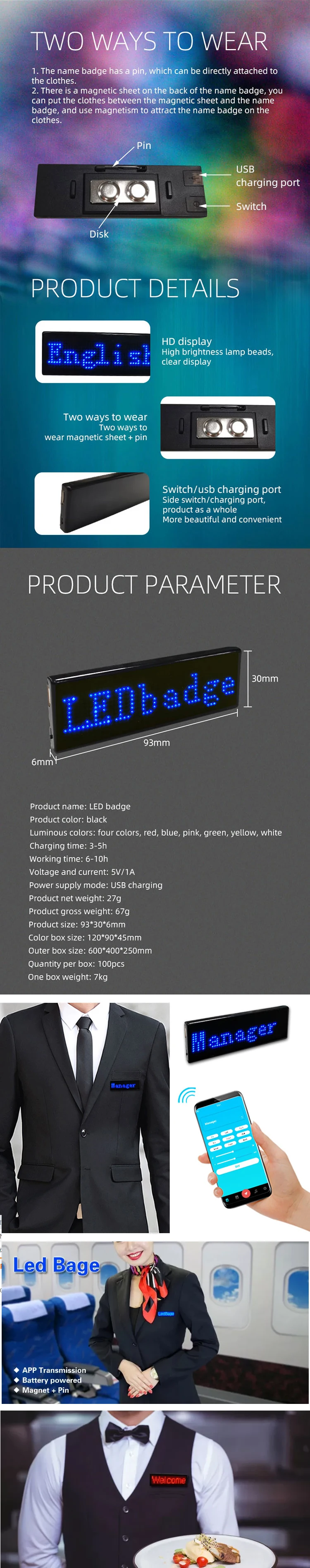 LINLI Rechargeable LED Badge Scrolling Mini LED Display Cellphone Programmable Business Badges With Magnet Pin