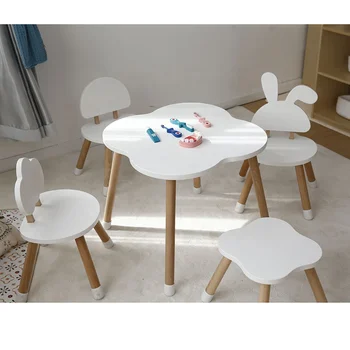 Nursery Decor Kids Children Bedroom Wood Furniture Sets Modern Kids White Wood Table and 4 Chair Kids Study Desk and Chair