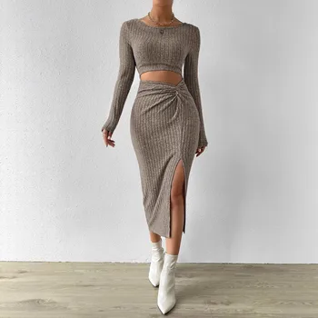 2025 Women's Spring and Autumn Fashion Sexy Slim Midi Dress Solid Rib-Knit Cut Out Twist Front Split Thigh Knitting Dress