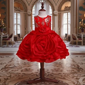 Wholesale Solid Satin Children's Dress Girl's Gown Princess Birthday Party Costume Lace Flower Tail 5-15 Years Breathable