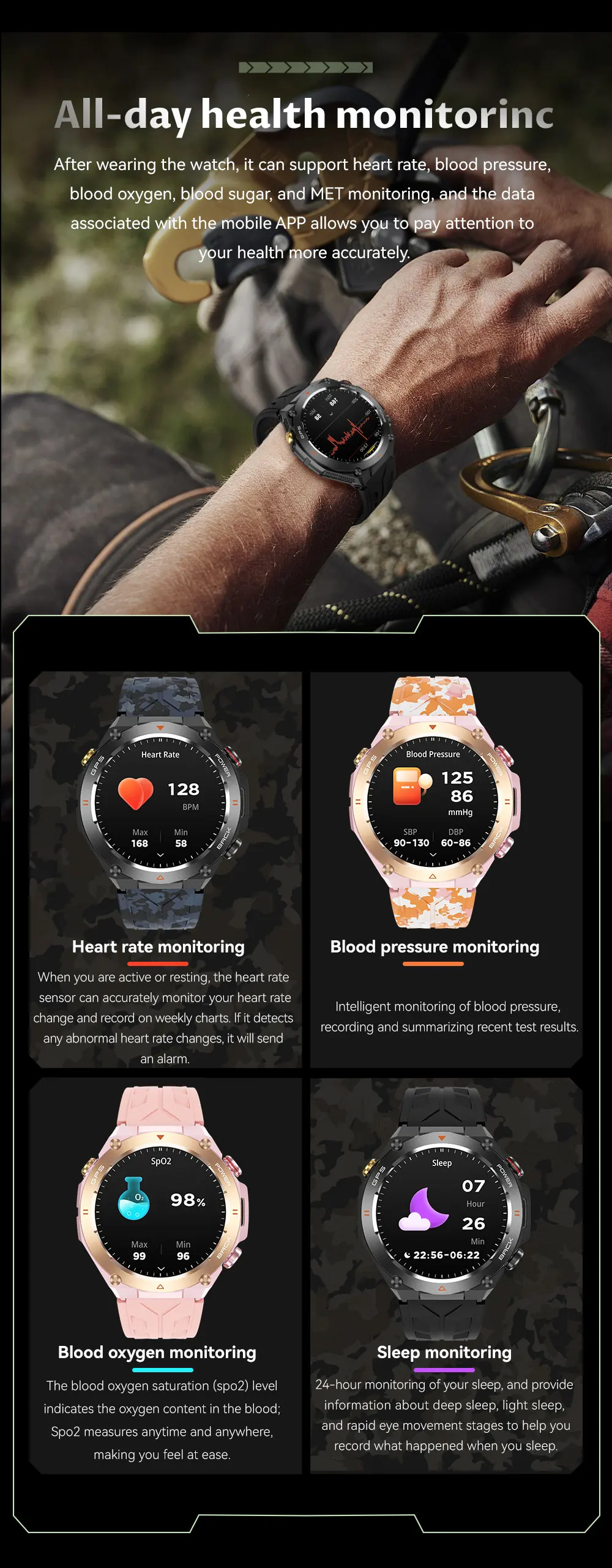 7 heart rate exercise modes sleep tracking gps tracking with altitude air pressure compass alarm clock-7