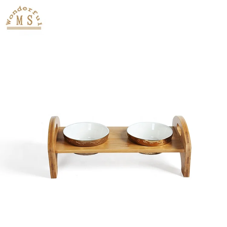 Wood Pet Bowls Cat Dog Portable Stainless Wooden Stand with Ceramic Double Bowl