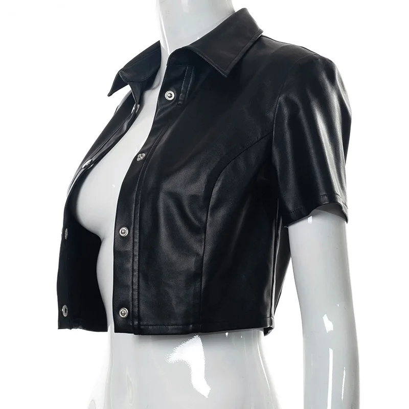 Black PU Leather Button Up Short Sleeve Crop Top T Shirt Women Fashion 2021 Streetwear Vintage Clothes