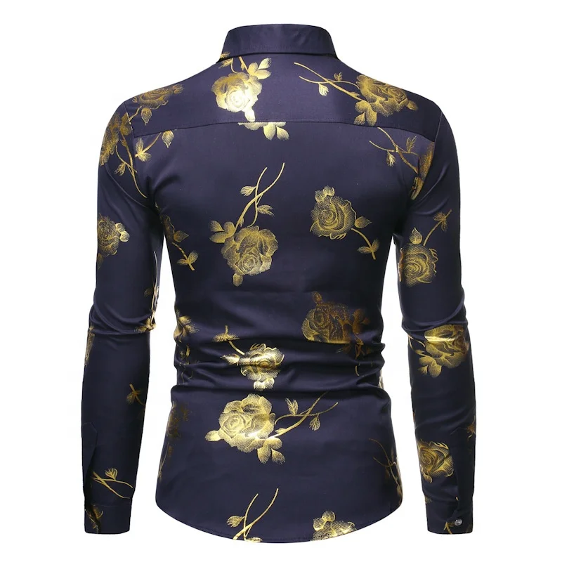 black and gold dress shirt men Hi-Tie Black Shirt Gold Floral Silk Men's Long Sleeve Shirt, M