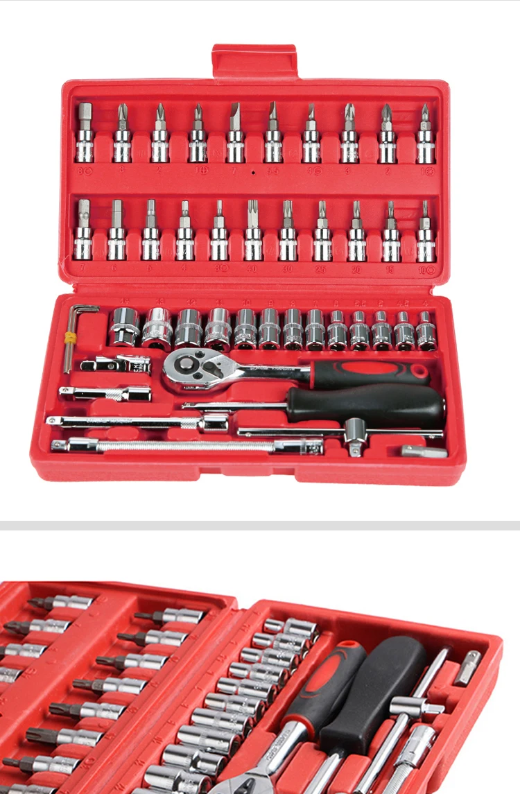 Factory direct selling heavy standard hand tools 46 piece auto repair kit socket wrench set plastic box