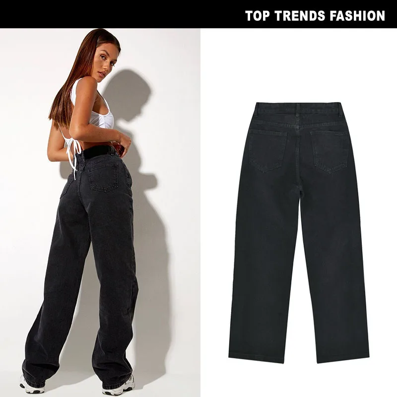 New European American Style High Waisted Loose Straight Cool Black Denim Trousers Mom Jeans Women's Baggy Jeans