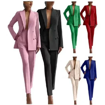 Fashionable Women Two Piece Set Coat + Pants Suits Solid Color Suit Coat Blazer Pants Set Spring Autumn Lady Office Casual Suits