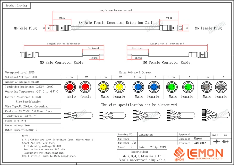 Waterproof IP68 Electric Bicycle  Motor Extension  2 3 4 5 6  8 Pin  Pin Male Female LED Wire Cable Connector LED Light Strip