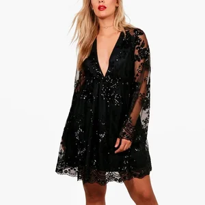 Sexy Black Floral Sequin Wrap  Deep V Neck a Line Ruffle Mini Skater Dress  Women