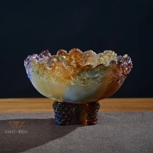 Handmade Casting Art Glass Chinese Dragons Treasure Bowl Fengshui Ornaments