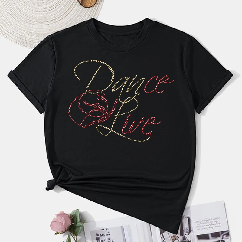Custom Dance Live Designs Red Yellow Rhinestone Heat Transfer Applique Stickers for Shirt Bags Sports Bra Garments