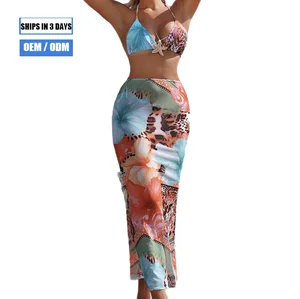 Sexy 3-piece Colorful Bikini Set 2026 Starfish Backless Swimsuit with Cover-up Skirt for Spa and Beach