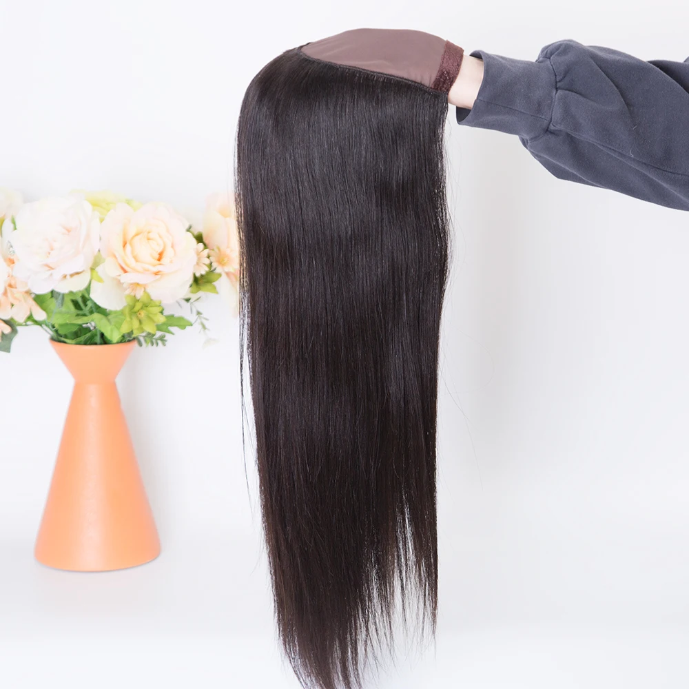 16 inch 150% density straight texture natural black color machine weft U-part Hat wig