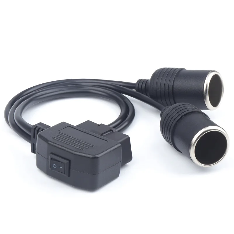 Dual Cigar Jack to OBD2 With Switch on Off,16pin Male OBD II to 2 Female  Cigarette Lighter Y Sharp Power Cable